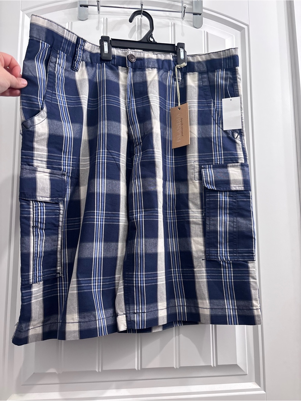 Men's Navy and White Plaid Cargo Shorts - Classic Pocket Style